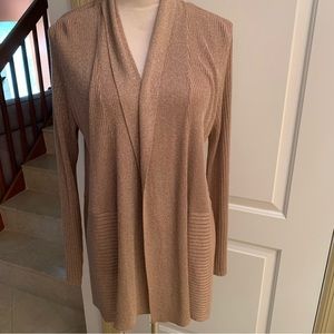 JM COLLECTION. NWOT. Shawl Collar, Open front Metallic Cardigan. Tan/Cam…
